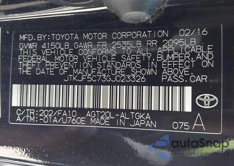 2016 Scion Tc from USA, damaged, VIN JTKJF5C73GJ023326